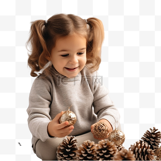 小女孩在圣诞树上玩松果装饰品图片