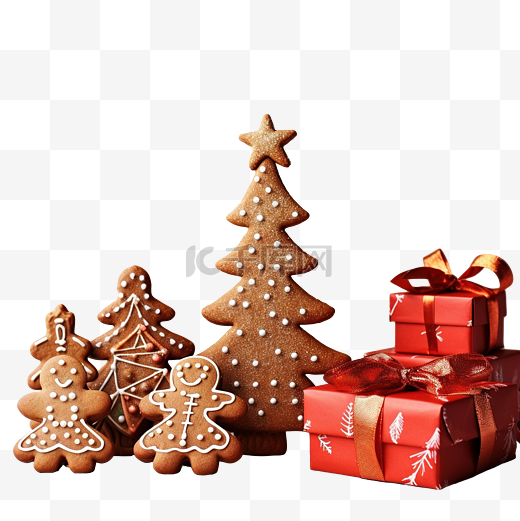 圣诞树形状的圣诞姜饼和红色的工艺礼品图片
