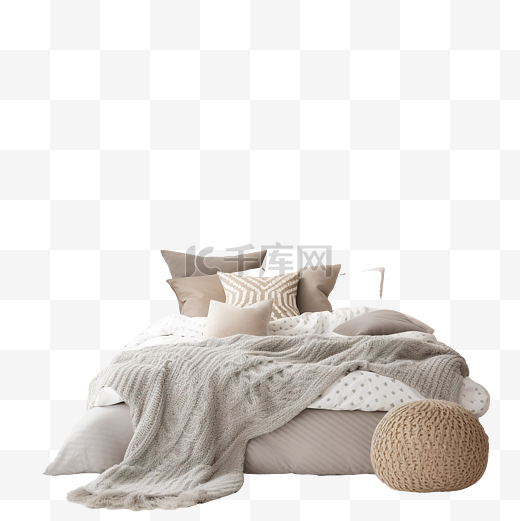 卧室里有一张斯堪的纳维亚风格的床，配有枕头和圣诞装饰品图片