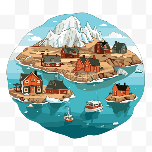 格陵兰剪贴画卡通极地世界与船和小屋卡通插图 indain 和岛屿 向量图片
