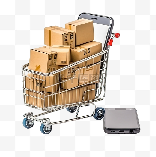包裹箱放置在购物篮中，并全部放置在智能手机屏幕交付和在线购物概念上图片