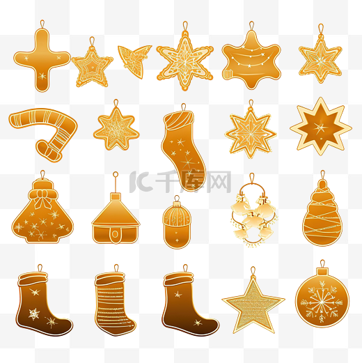 金色圣诞饰品套装，球，雪花，帽子，星星，圣诞树，橙色袜子图片