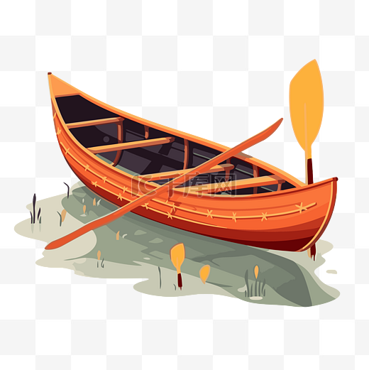 独木舟剪贴画 独木舟在绿草如茵的海滩上矢量插画卡通图片