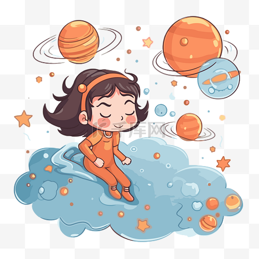 重力剪贴画 漂浮在太阳系行星卡通上的云上的女孩 向量图片