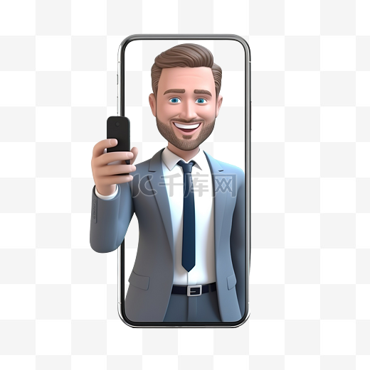 穿着白衬衫和蓝色领带的商人进行视频通话 商人使用电话的 3D 插图图片