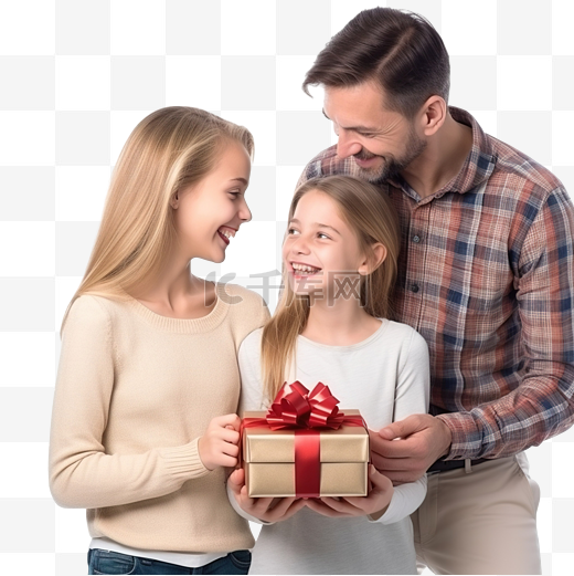 美丽的女儿在圣诞节给父母送礼物图片