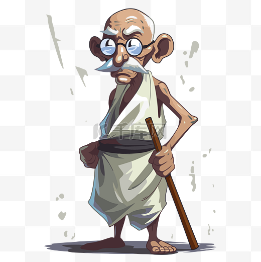 甘地剪贴画 戴着眼镜和棍棒的甘地纳什塔特的卡通肖像 向量图片