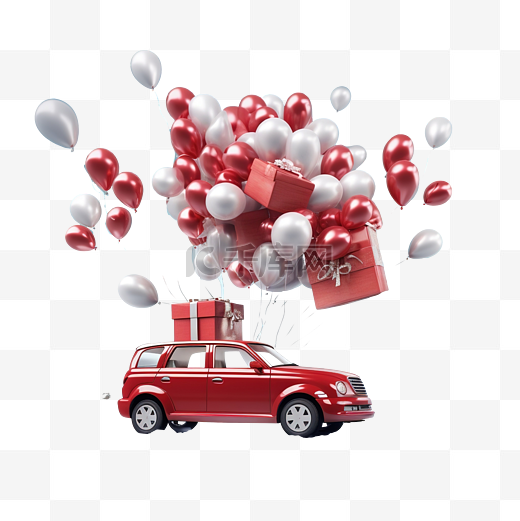 3d 渲染红色汽车飞上天空主题圣诞快乐图片
