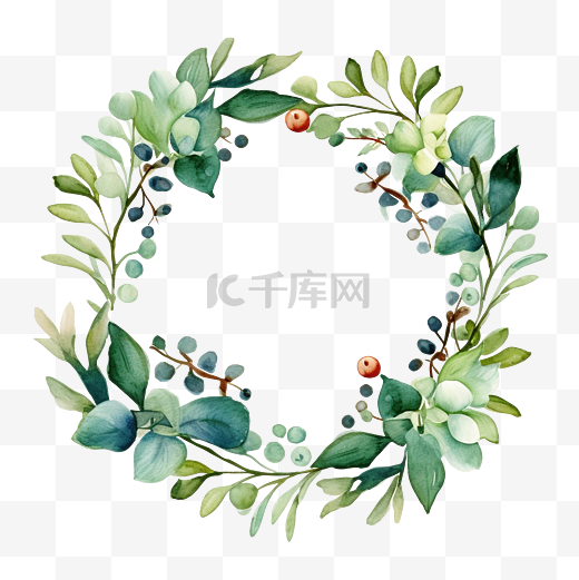 可爱的绿叶和浆果水彩花环剪贴画圣诞婚礼简单花环图片