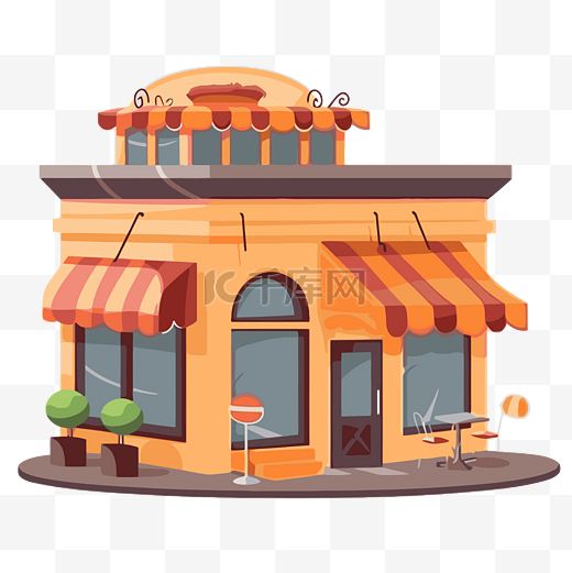 餐厅剪贴画可爱的商店与橙色遮阳篷卡通 向量图片