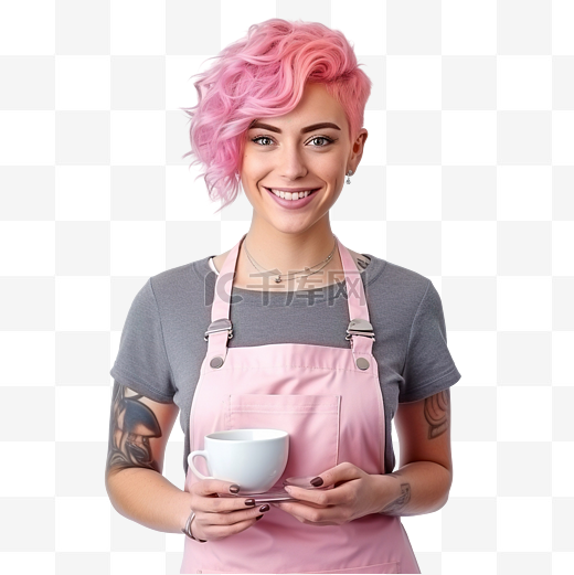 粉红色头发的咖啡师图片