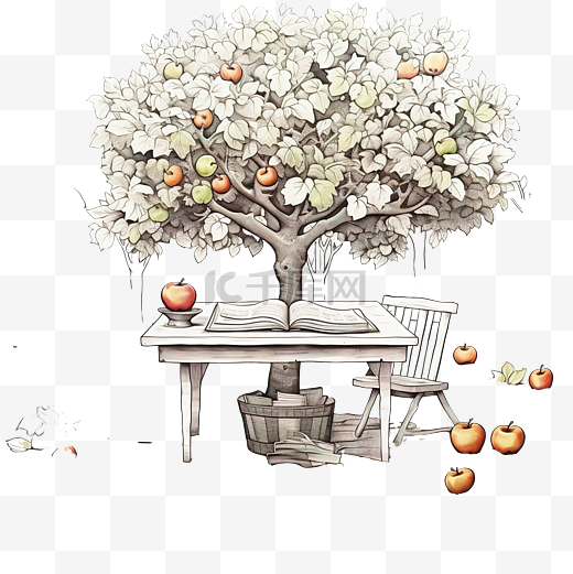 一张桌子上有一本书和一棵树上有苹果的图画图片