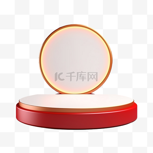 红色和金色 3D 圆柱基座讲台，带照明圆灯背景最小场景产品展示促销展示图片