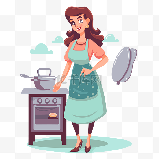 家庭主妇剪贴画年轻女子在烤箱上做面包和烤蛋糕卡通女厨师和妻子的卡通插图 向量例证图片