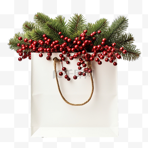 圣诞购物纸袋，配有红珠装饰的杉树枝图片