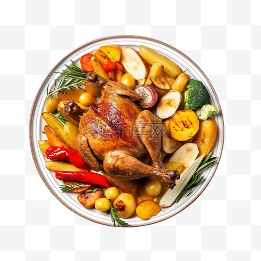 感恩节的节日菜肴烤火鸡腿，桌上放着蔬菜，上面放着小吃，俯视平躺图片