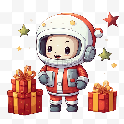 戴着圣诞帽和圣诞礼物的可爱卡通宇航员图片