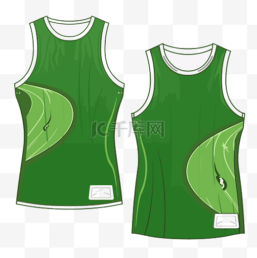篮球球衣剪贴画两件女式绿色网球衫，正面和背面有树叶卡通 向量图片