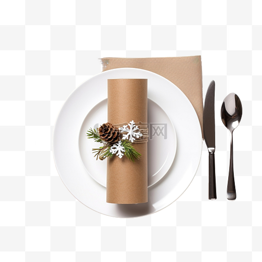 圣诞餐桌布置餐具和用卫生纸卷制成的 DIY 餐巾环支架图片
