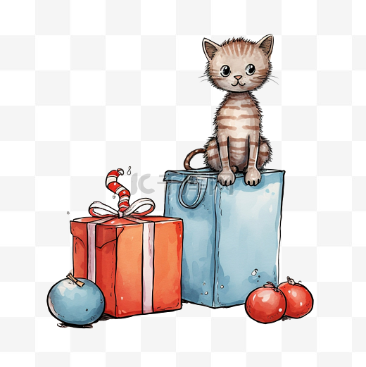 涂鸦猫坐在凳子上，旁边是一个打开的圣诞玩具盒，家猫转身坐在椅子上图片