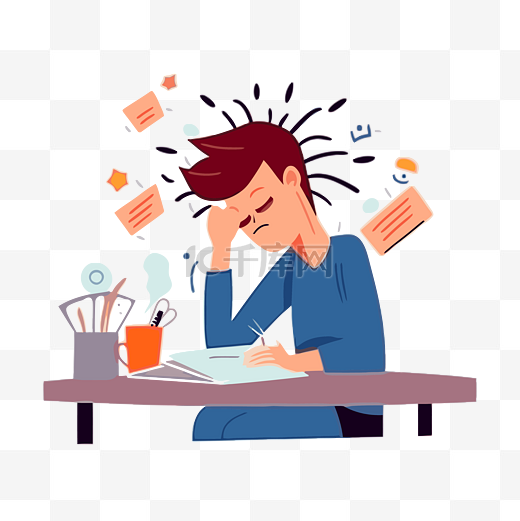 压力剪贴画卡通沮丧的男人坐在办公桌前写字 向量图片