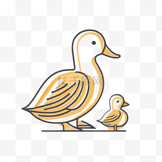 一只鸭子和一只小鹅站着的线条画 向量图片