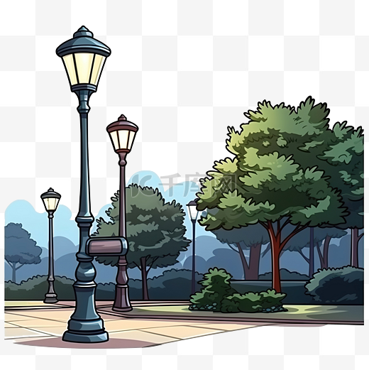 夜间路灯卡通风格城市道路灯经典公园街灯柱彩色png插画图片