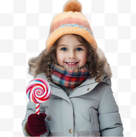 冬季街道上一个手拿圣诞棒棒糖的可爱女孩的肖像图片