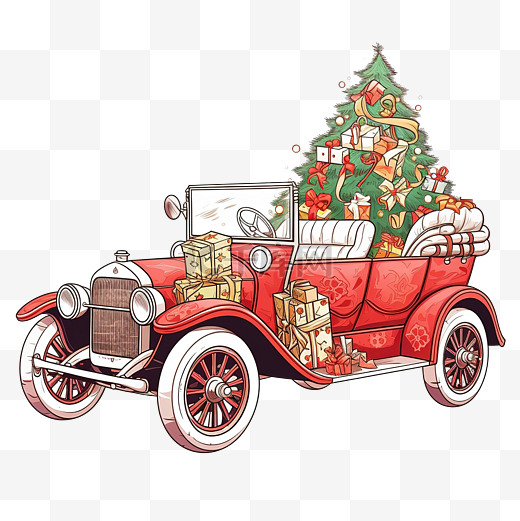 用一大袋神奇的圣诞礼物和儿童玩具装饰圣诞老人的旧车图片