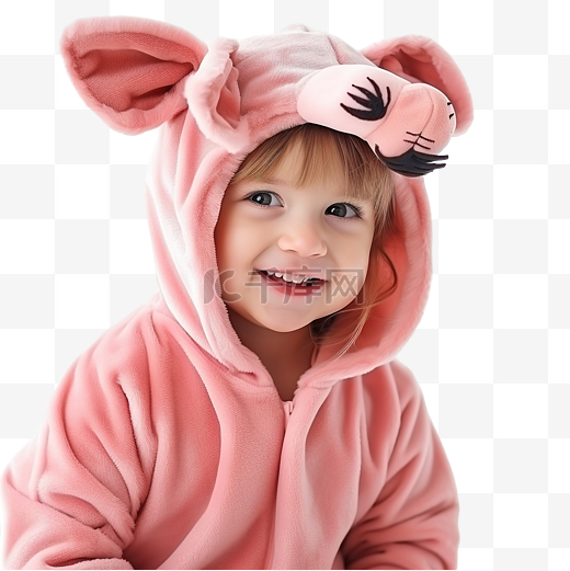 穿着可爱圣诞粉色小马服装的快乐有趣的情感小女孩图片