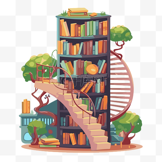 图书馆剪贴画图书馆背景与书塔和楼梯卡通 向量图片