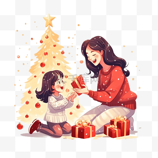 母亲与女儿父母和小孩交换礼物，在圣诞树附近玩得开心图片