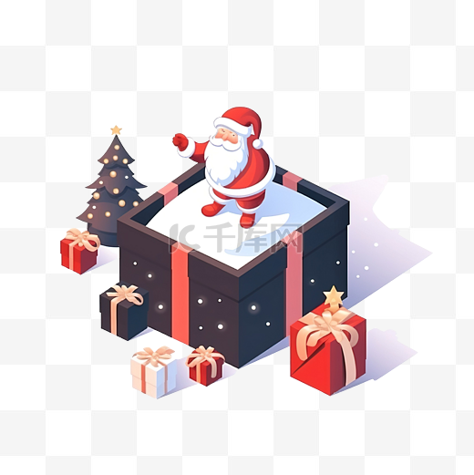 平面 3D 等距圣诞老人来自黑色礼物盒圣诞销售概念图片