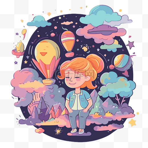 想象力剪贴画女孩站在一棵树旁，带着一些热气球和星星卡通 向量图片