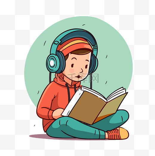 有声读物剪贴画卡通小孩一边听音乐一边读书 向量图片