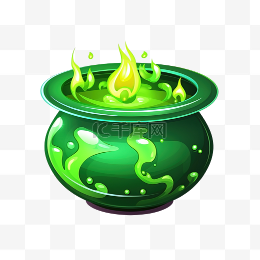 魔法大锅，上面有发光的绿色冒泡药水卡通万圣节插画图片