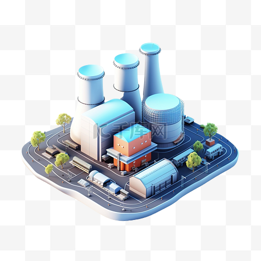 核电站与工厂隔离免费电力可再生能源概念 3D 渲染插图图片