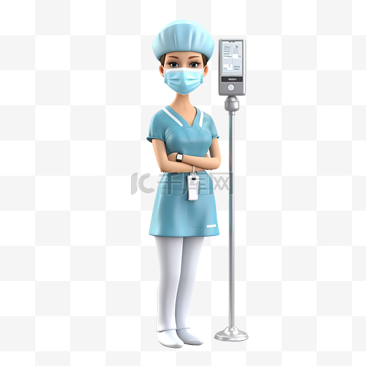 戴着口罩的护士站在输液杆附近 3D 人物插图图片