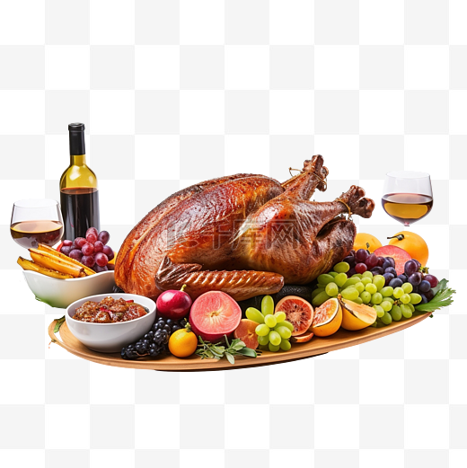 感恩节餐桌，配有水果和蔬菜烤鸭图片