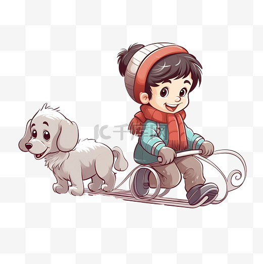 快乐的小男孩带着玩具大象拉着一个快乐可爱的女孩雪橇，和一只快乐的小狗一起散步图片