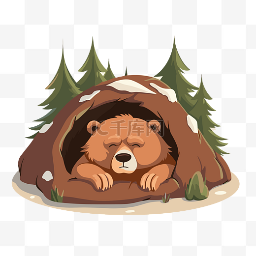 冬眠熊剪贴画 睡在山洞里的熊卡通 向量图片