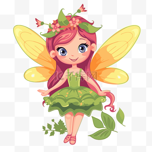仙女剪贴画可爱的卡通小仙女，长着粉红色的翅膀和绿叶 向量图片