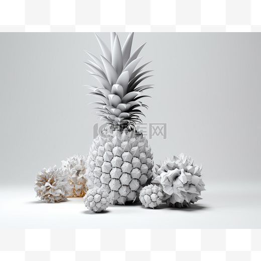 三个菠萝排列成白色 3d 渲染图片