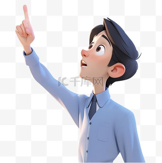穿蓝色衬衫的商人举起食指，查找穿着蓝色衬衫的商人向上的 3D 插图图片