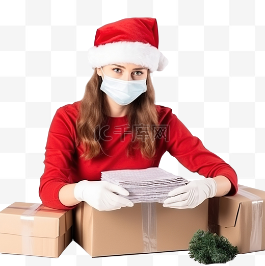 平安夜，一个戴着圣诞帽戴着防护面具和手套的女孩正在用纸包装礼物图片