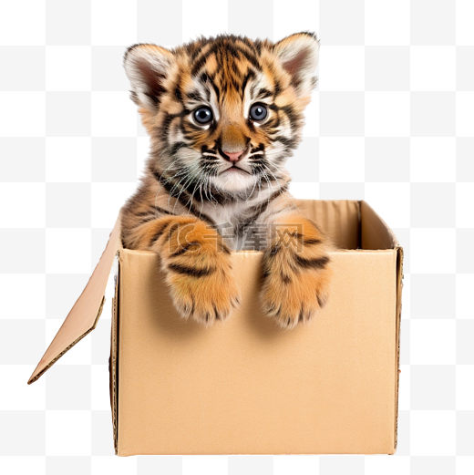 一只可爱的小虎崽坐在圣诞树附近的盒子里，里面装着礼物图片