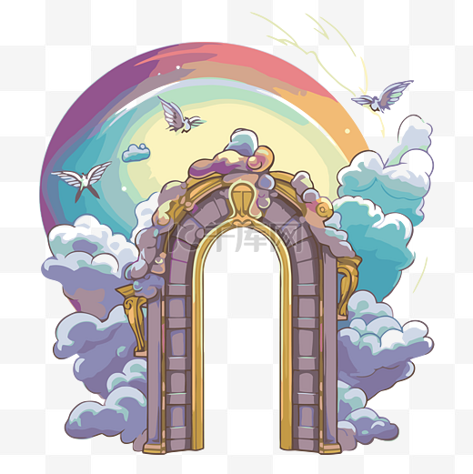 天堂之门剪贴画 网关与云彩和彩虹卡通 向量图片