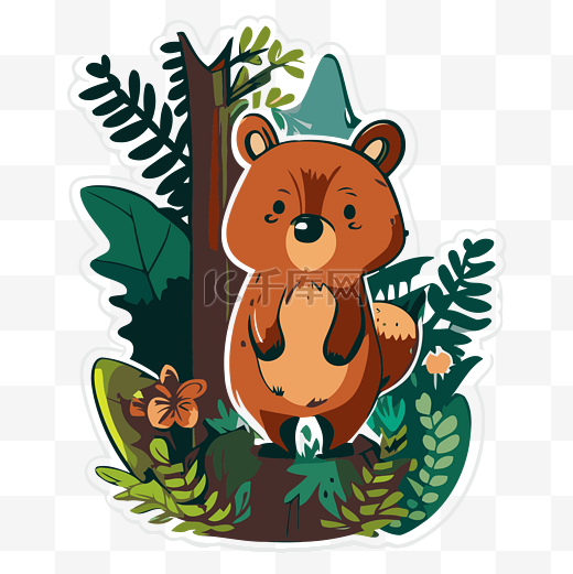 森林剪贴画中树桩上的卡通熊贴纸贴花 向量图片