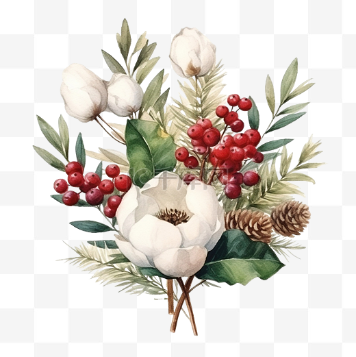 水彩圣诞组合物花束冬青叶浆果和棉花花图片