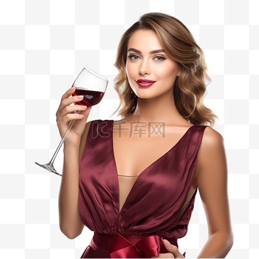 穿着晚礼服的美丽圣诞女孩拿着一杯红酒图片